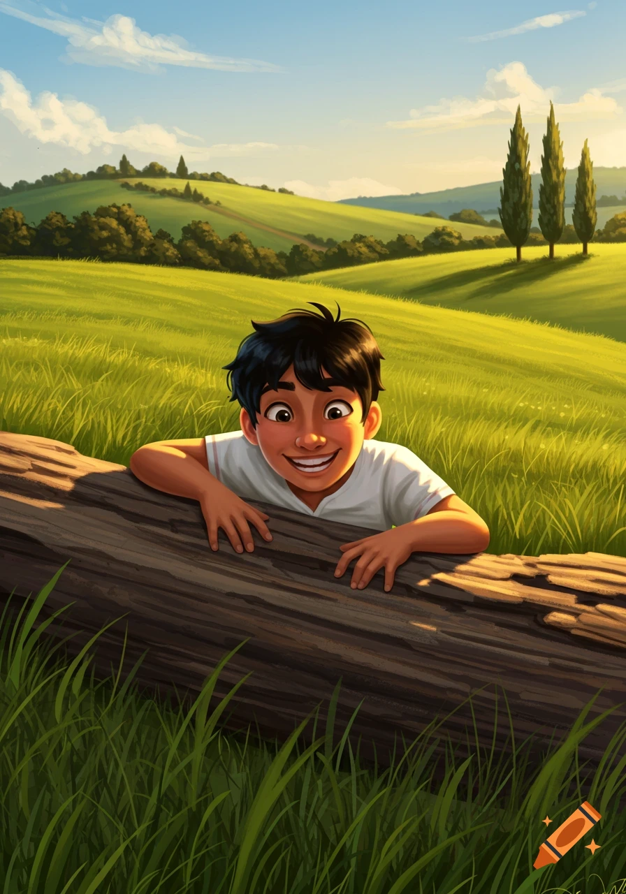 A smiling cartoon boy with dark hair peeks over a log in a sunny, grassy field with rolling hills and trees in the background.