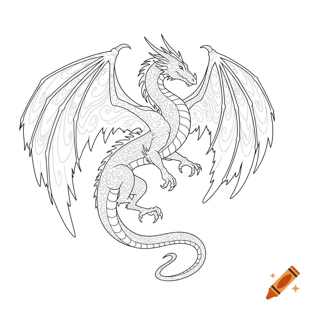 A detailed black and white outline drawing of a majestic dragon with large wings, suitable as a coloring page.