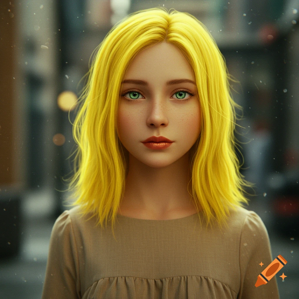 A photorealistic portrait of a girl with luminous yellow hair and green eyes, wearing a beige dress.