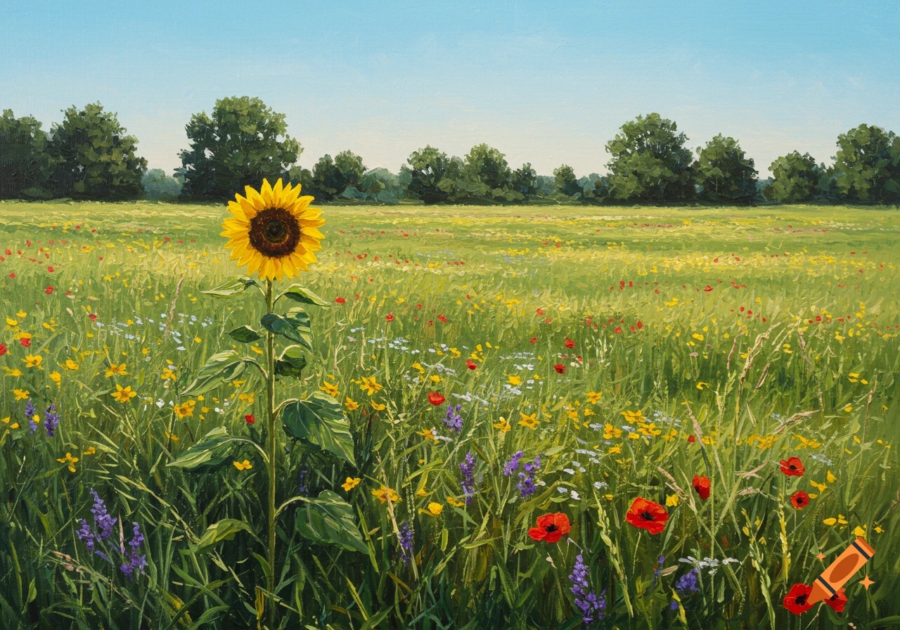 A vibrant oil painting of a tall sunflower standing in a field of green grass and colorful wildflowers under a clear blue sky.