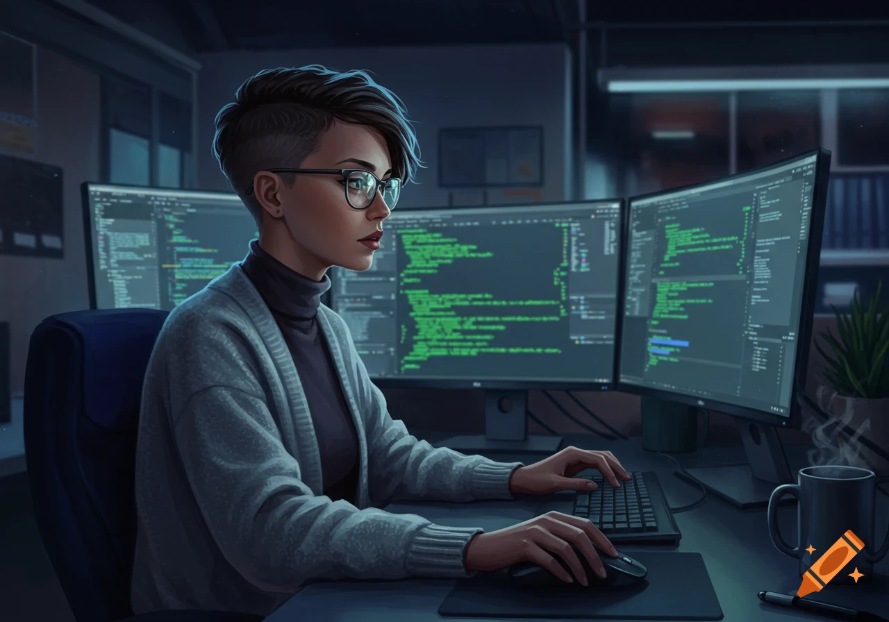 A woman with short hair and glasses intently codes on a multi-monitor setup in a dimly lit office. Digital art.