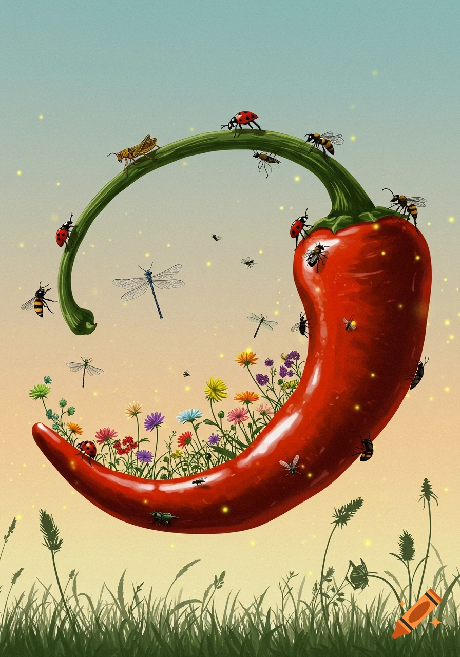 Illustrative image of a red chili pepper, shaped like a horizon, with a garden of colorful flowers and various insects.