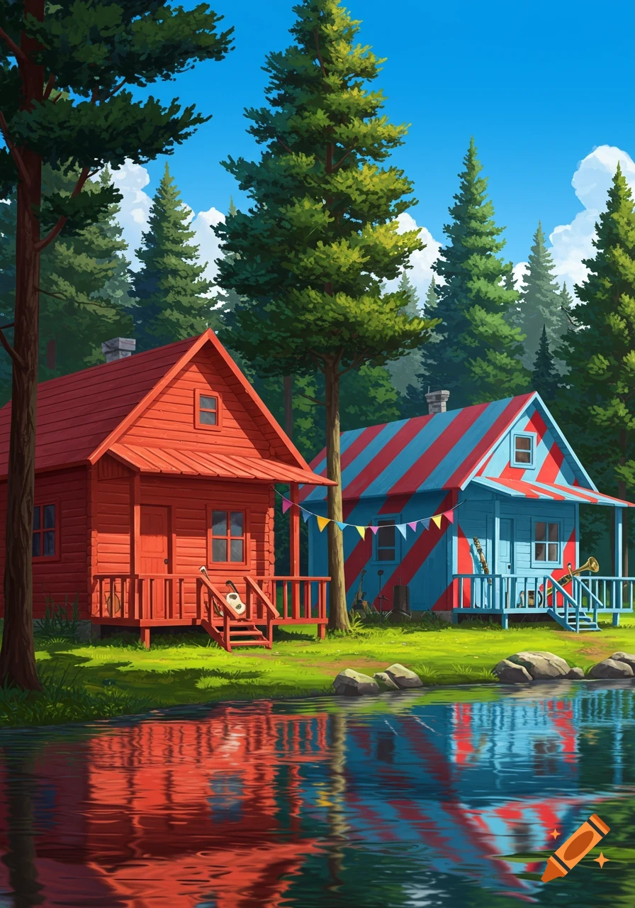 Vibrant illustration of a red cabin and a red and blue striped cabin at a sunny music camp by a reflective lake.