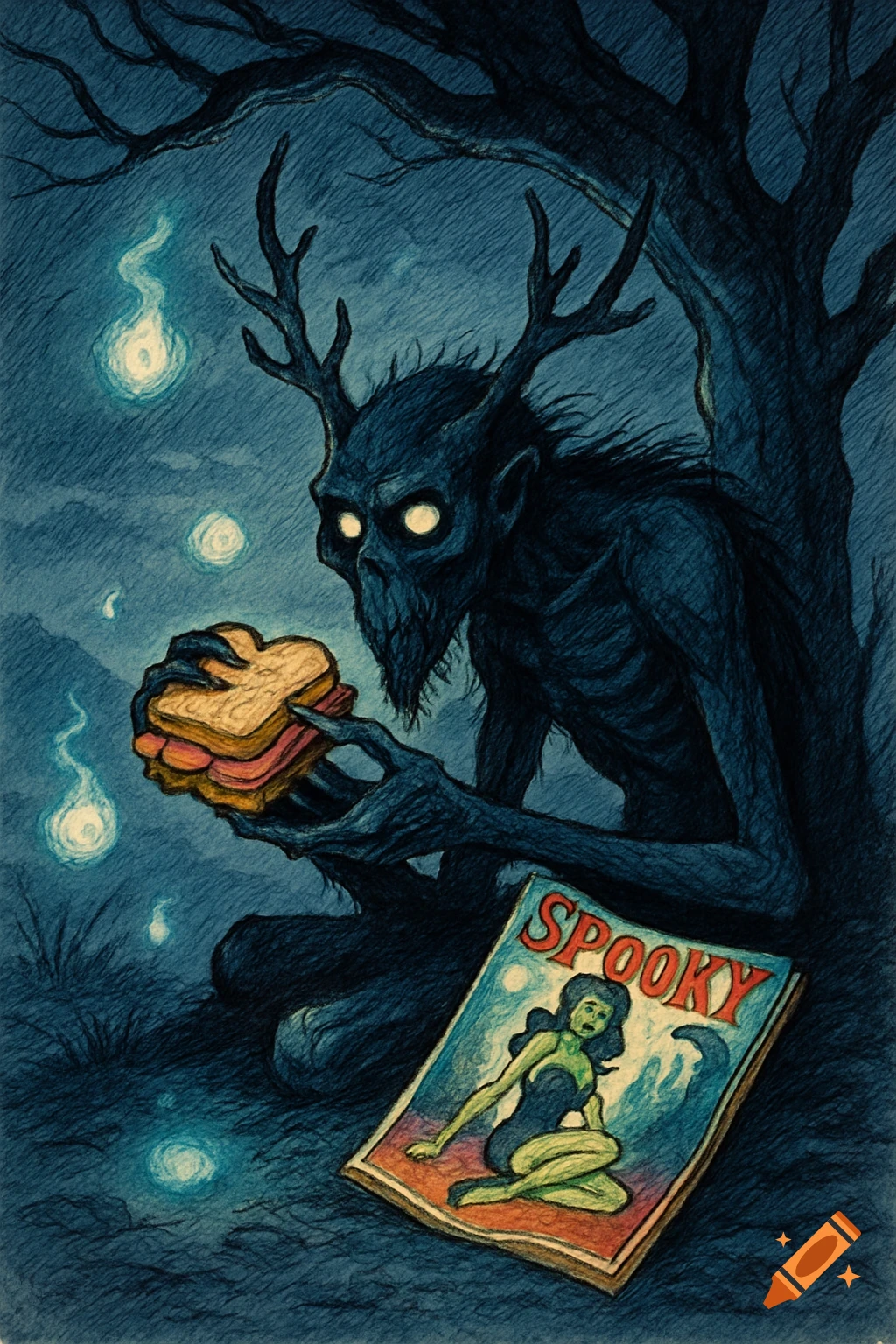 A stylized, dark blue wendigo with antlers sits under a twisted tree, eating a sandwich and looking at a 'SPOOKY' pin-up magazine cover.