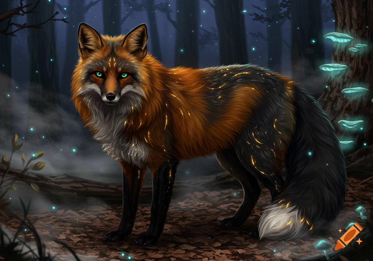 A mystical fox with black and orange fur and glowing gold markings stands in a dark forest with glowing green eyes and luminous mushrooms.