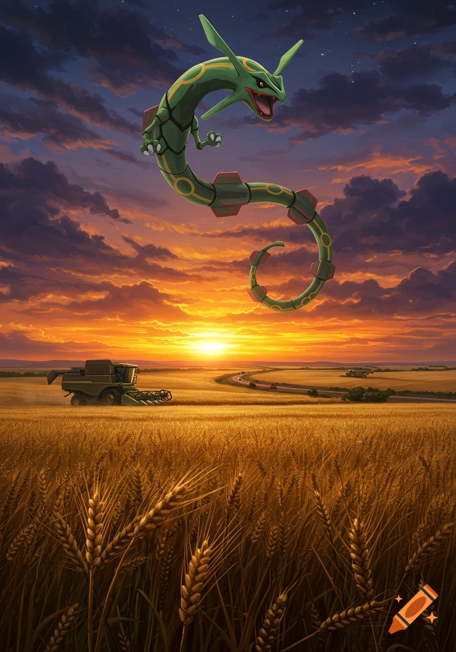 Rayquaza, a green dragon-like Pokemon, flies over a golden wheat field with a combine harvester at sunset.