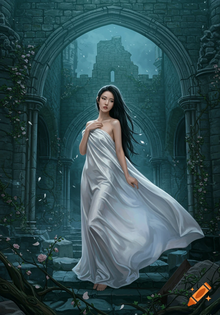 A woman in a white sheet stands barefoot in crumbling medieval castle ruins with falling petals, in a dark fantasy digital painting.