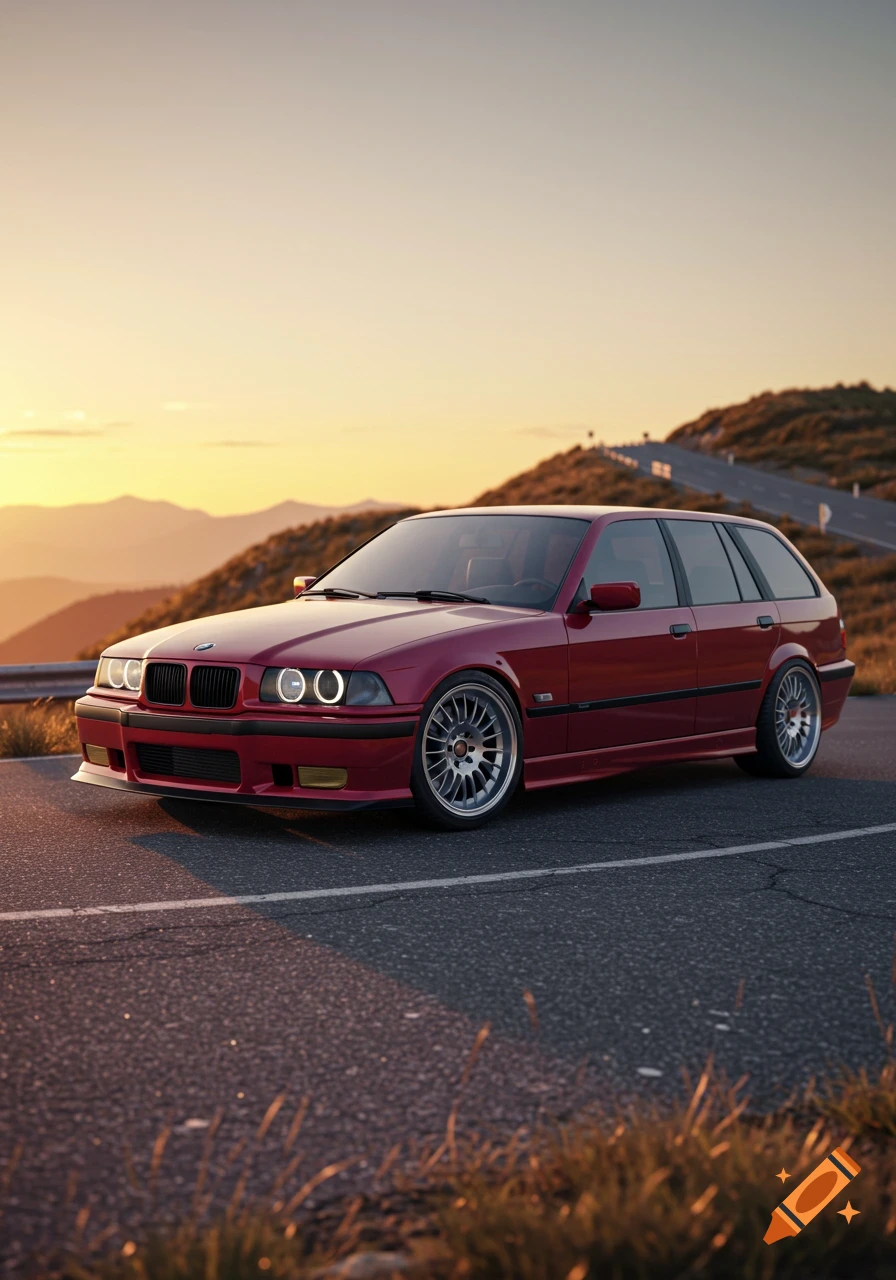 A red BMW E36 Touring parked on a mountain road at sunset, with mountains in the background.