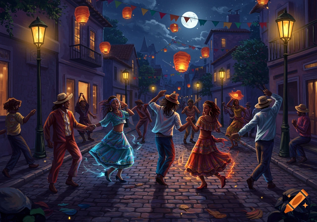 A vibrant illustration of people dancing on a cobblestone street at night, lit by lanterns and a full moon.