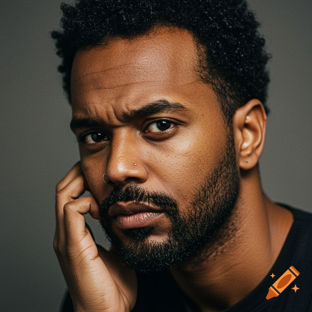 Close-up photorealistic portrait of a dark-skinned man with a beard, curly hair, and nose piercing, frowning slightly.