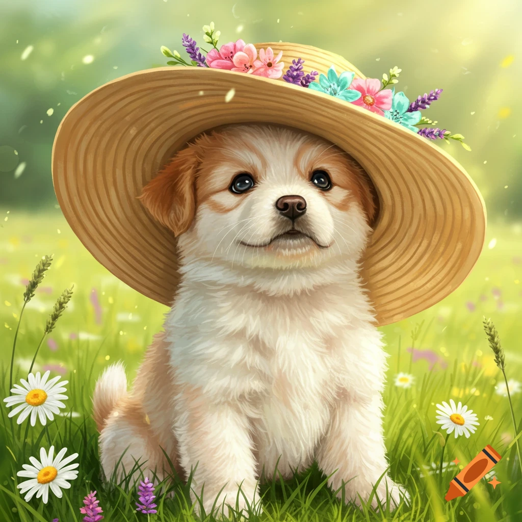 A cute illustrated puppy wearing a straw hat adorned with flowers sits in a sunny field of daisies and grass.