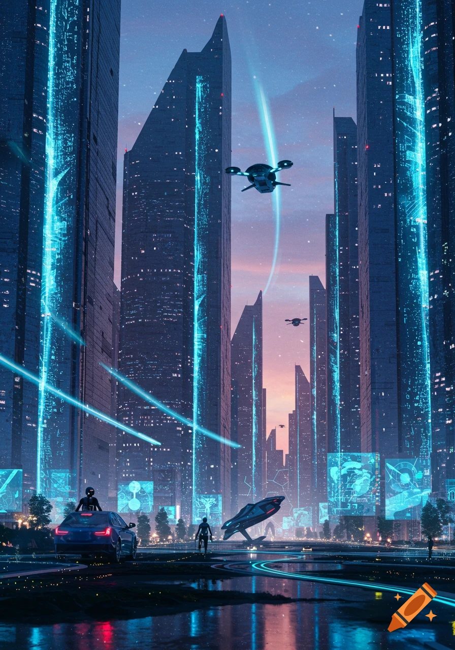 A futuristic cityscape at dusk with towering buildings, flying vehicles, glowing blue light trails, and a street with reflections.