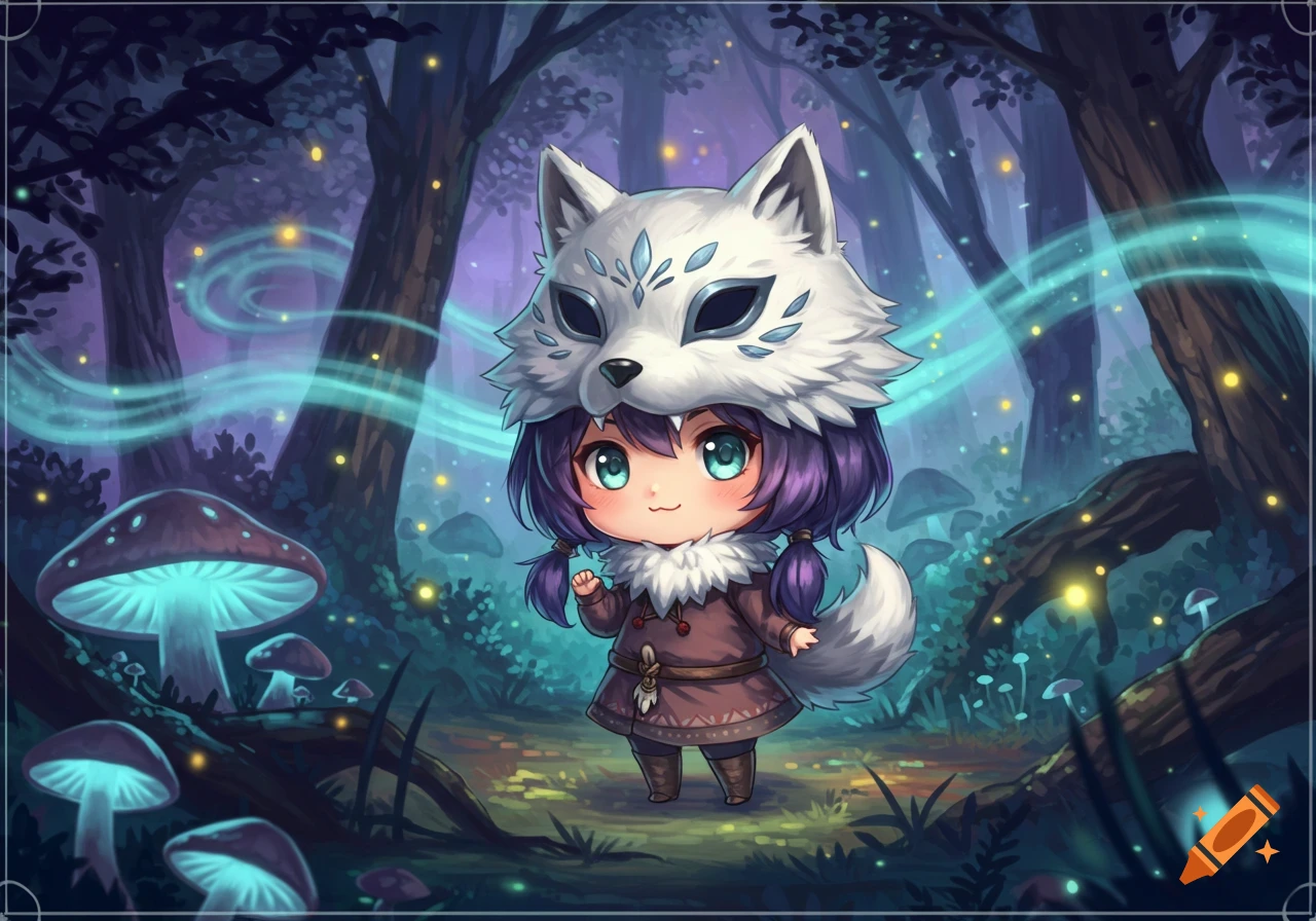 A cute chibi girl with purple hair and a white wolf mask stands in an enchanted forest with glowing mushrooms and fireflies.