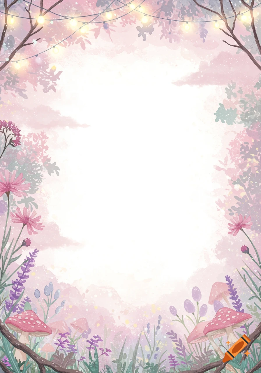 Whimsical watercolor background with pink and purple flowers, red mushrooms, tree branches, and string lights framing a white center.