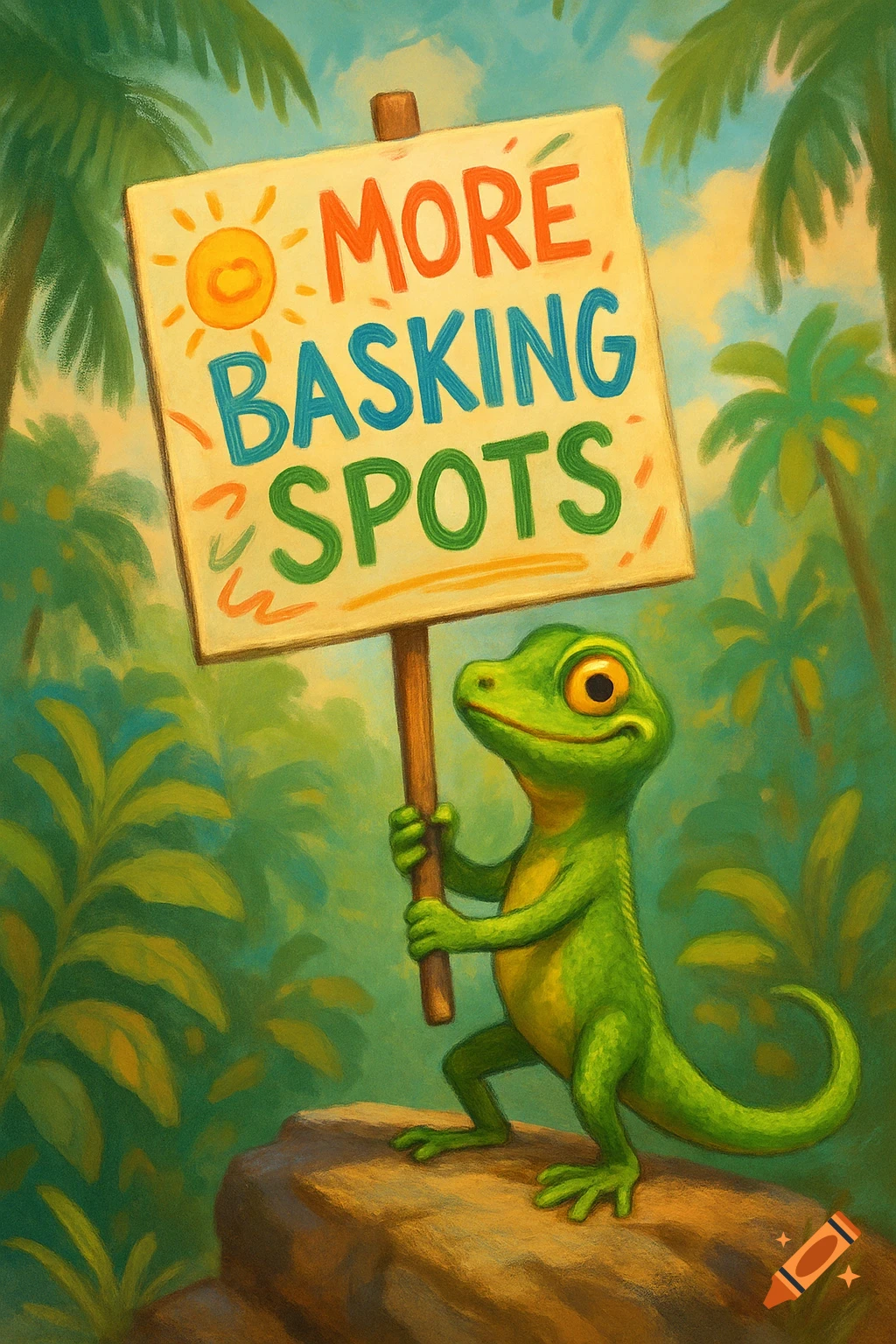 Cartoon green lizard holding a sign that reads 'MORE BASKING SPOTS' in a vibrant tropical jungle.