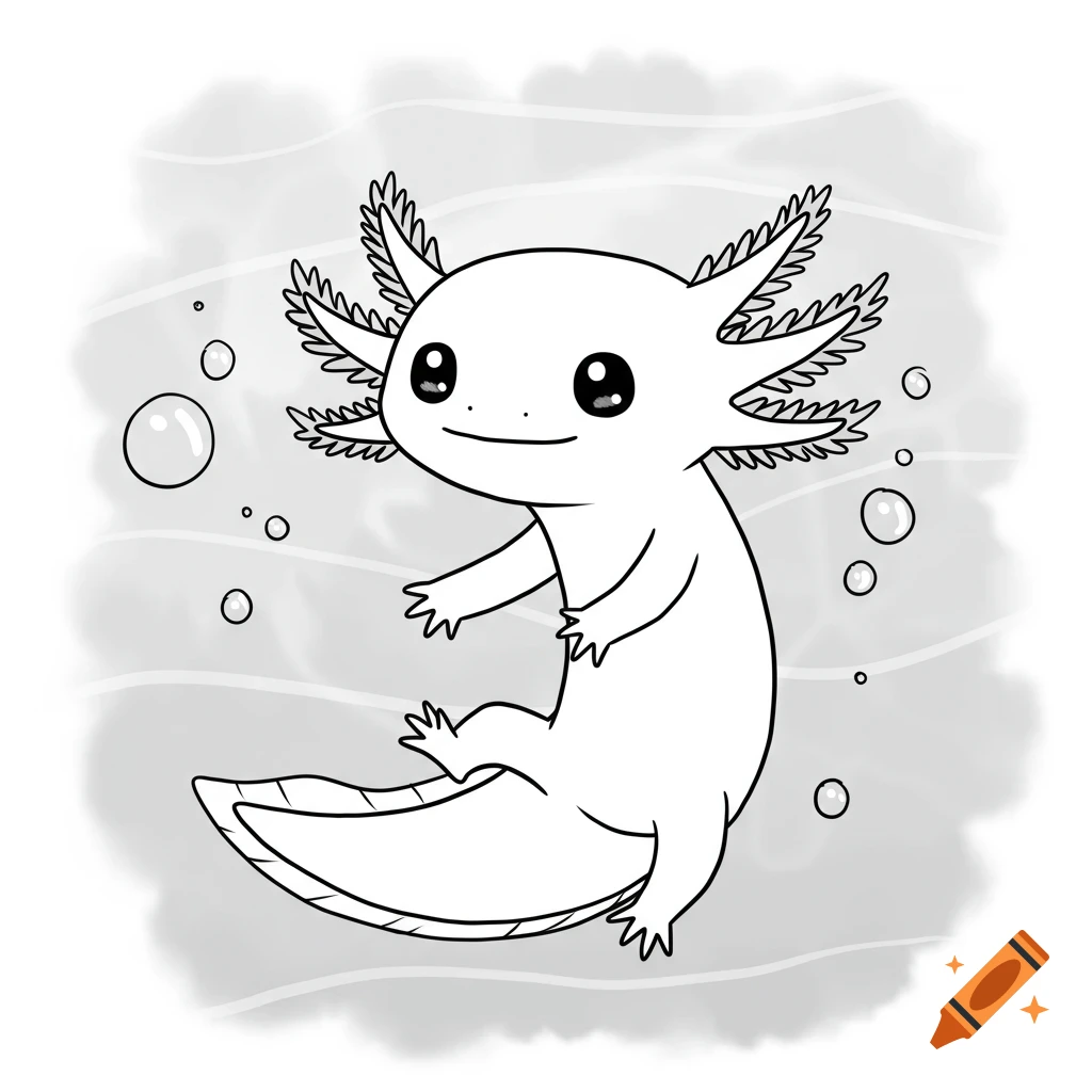 Cute cartoon black and white line drawing of an axolotl swimming with bubbles.