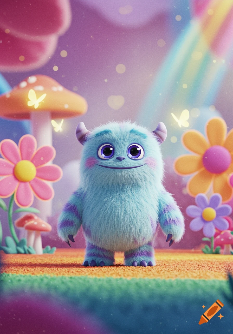 A cute, fluffy blue monster with purple stripes and large eyes smiles in a vibrant, whimsical cartoon landscape with colorful flowers and mushrooms.