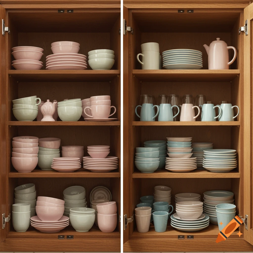 A wooden kitchen cupboard showing a before and after comparison: left side slightly cluttered, right side neatly organized.