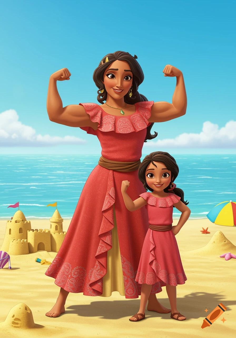 Cartoon of Elena's mom and daughter in red dresses flexing muscles on a beach with sandcastles and ocean.