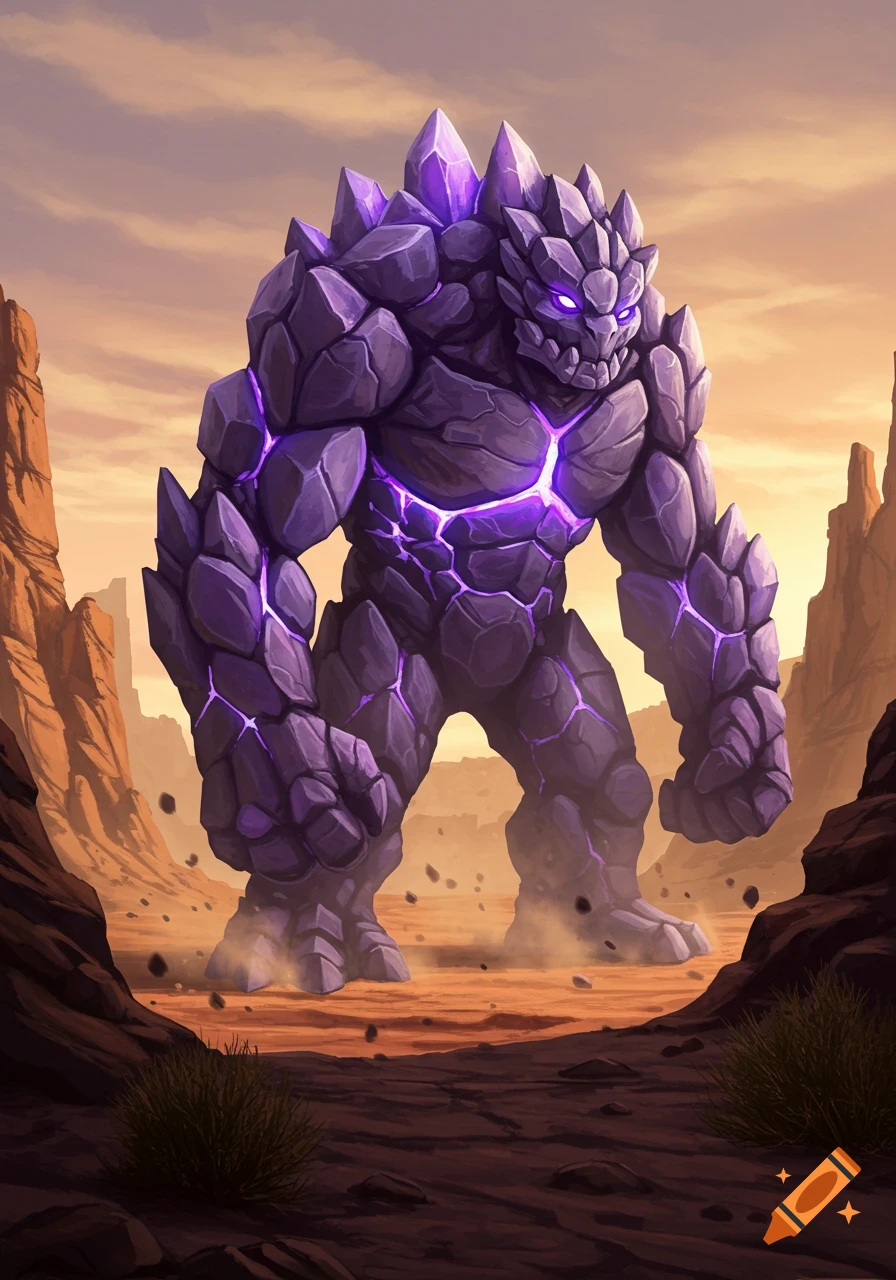 A large, imposing purple rock monster with glowing cracks stands in a vast desert landscape with rocky mesas, illustrated.