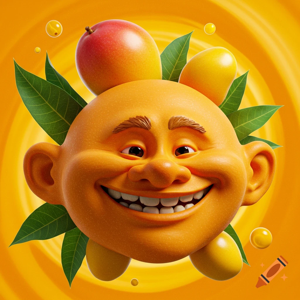 A happy 3D cartoon character, a personified mango head with green leaves and mangoes, smiles broadly on an orange background.