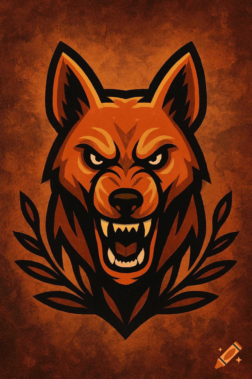 Front-facing, angry dingo sports logo in shades of orange and black, set against a textured brown background.