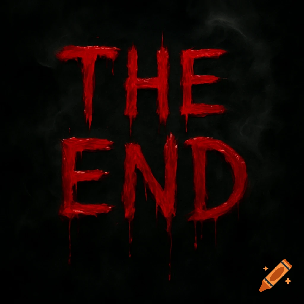 Stylized red text spelling 'THE END' with dripping blood effects on a smoky black background.