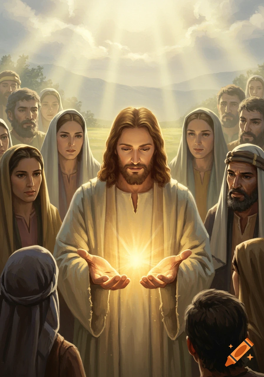 Jesus with a beard and white robe, hands outstretched with glowing light, surrounded by followers under a bright, ray-filled sky in a painterly style.