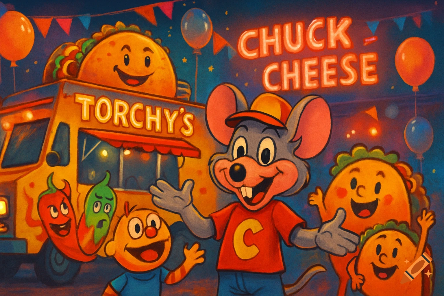 Cartoon Chuck E. Cheese, taco mascots, and a boy in front of a Torchy's food truck and Chuck Cheese neon sign, in a vibrant style.