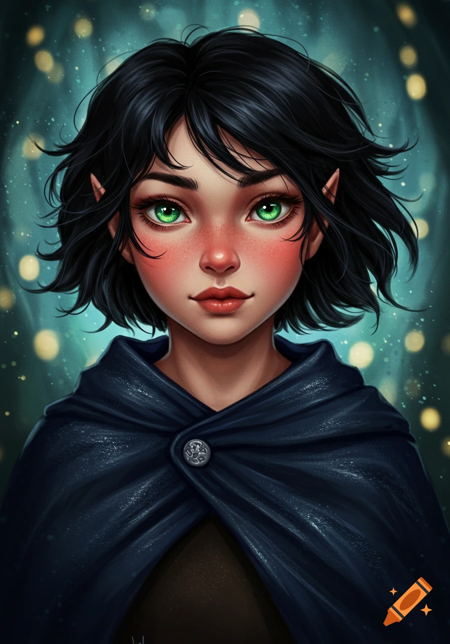 Stylized portrait of a young fantasy character with short black hair, vibrant green eyes, rosy cheeks, and pointed ears, wearing a dark blue cloak, against a blurry magical background with bokeh lights.