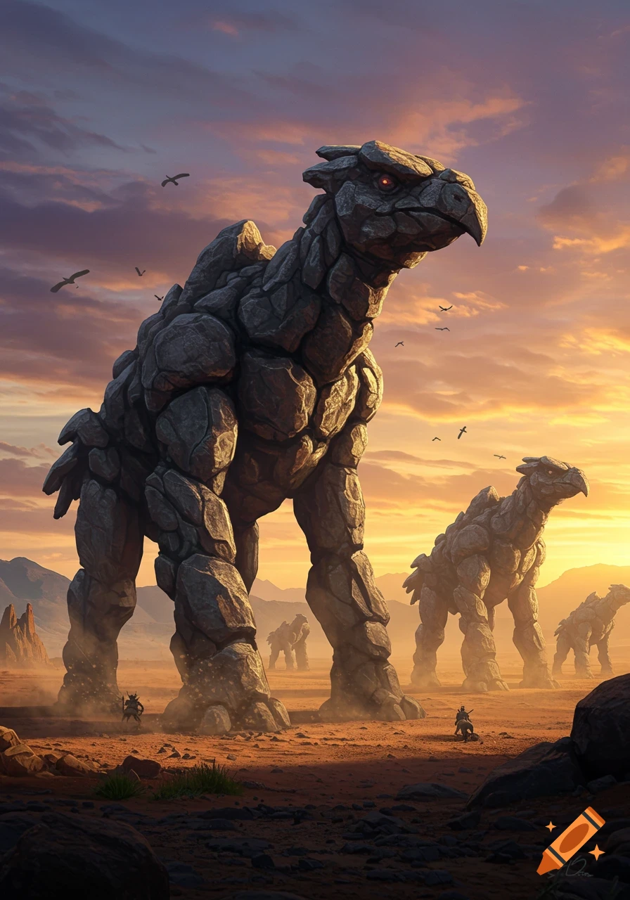 Giant rock monsters with glowing red eyes march across a vast desert at sunset, dwarfing small figures on the ground.