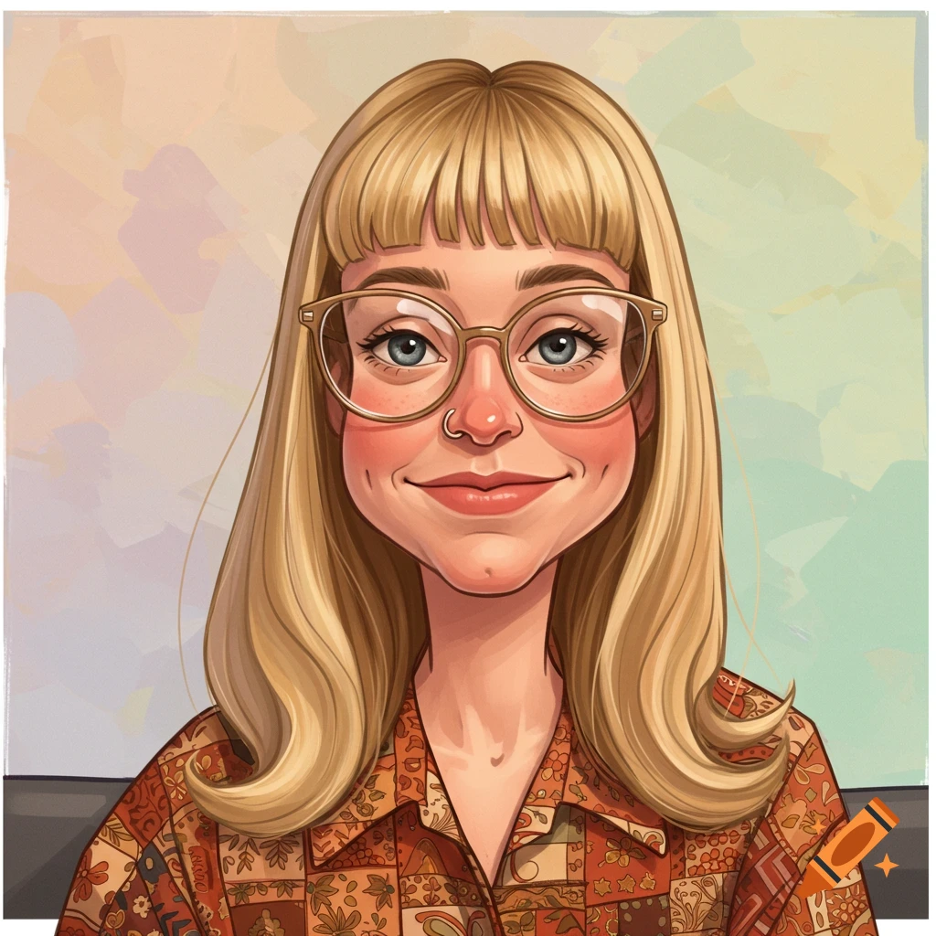 Caricature of a smiling woman with blonde hair, bangs, glasses, and a patterned shirt.