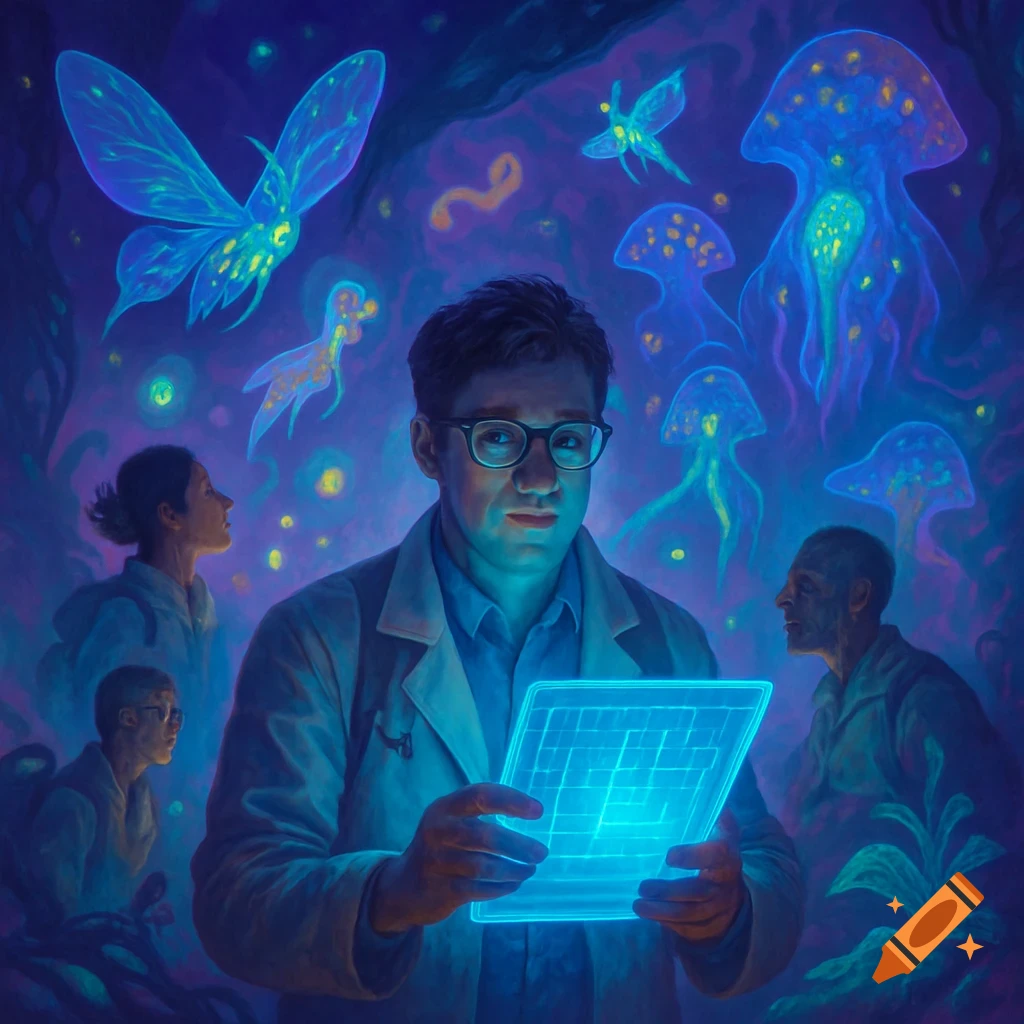 A scientist in glasses holds a glowing tablet, surrounded by vibrant bioluminescent creatures and other researchers in a dark, fantastical environment.