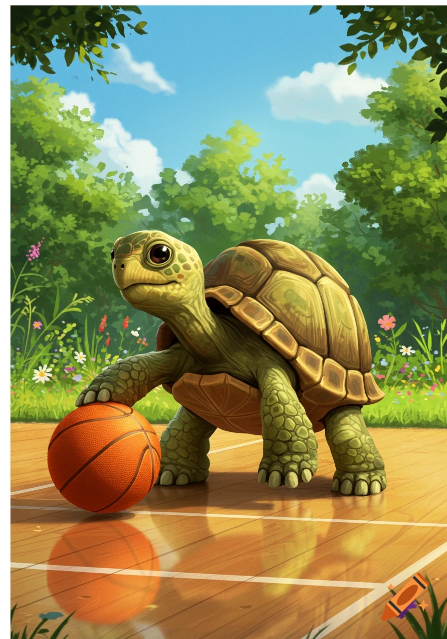 A cute cartoon turtle dribbling a basketball on an outdoor court with trees and wildflowers in the background.