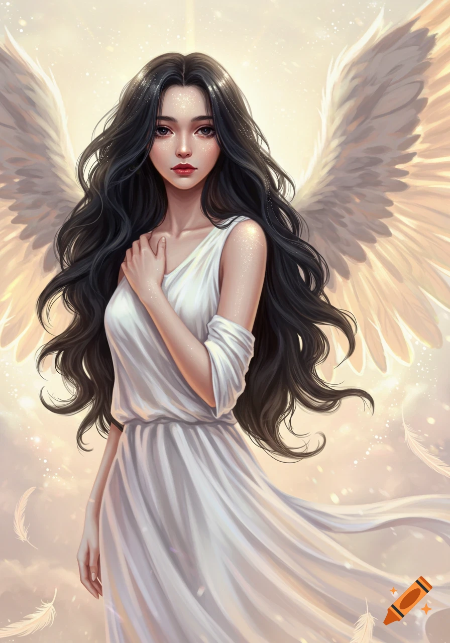 Fantasy portrait of a female angel with long dark hair, white dress, and large feathered wings against a bright, ethereal background.