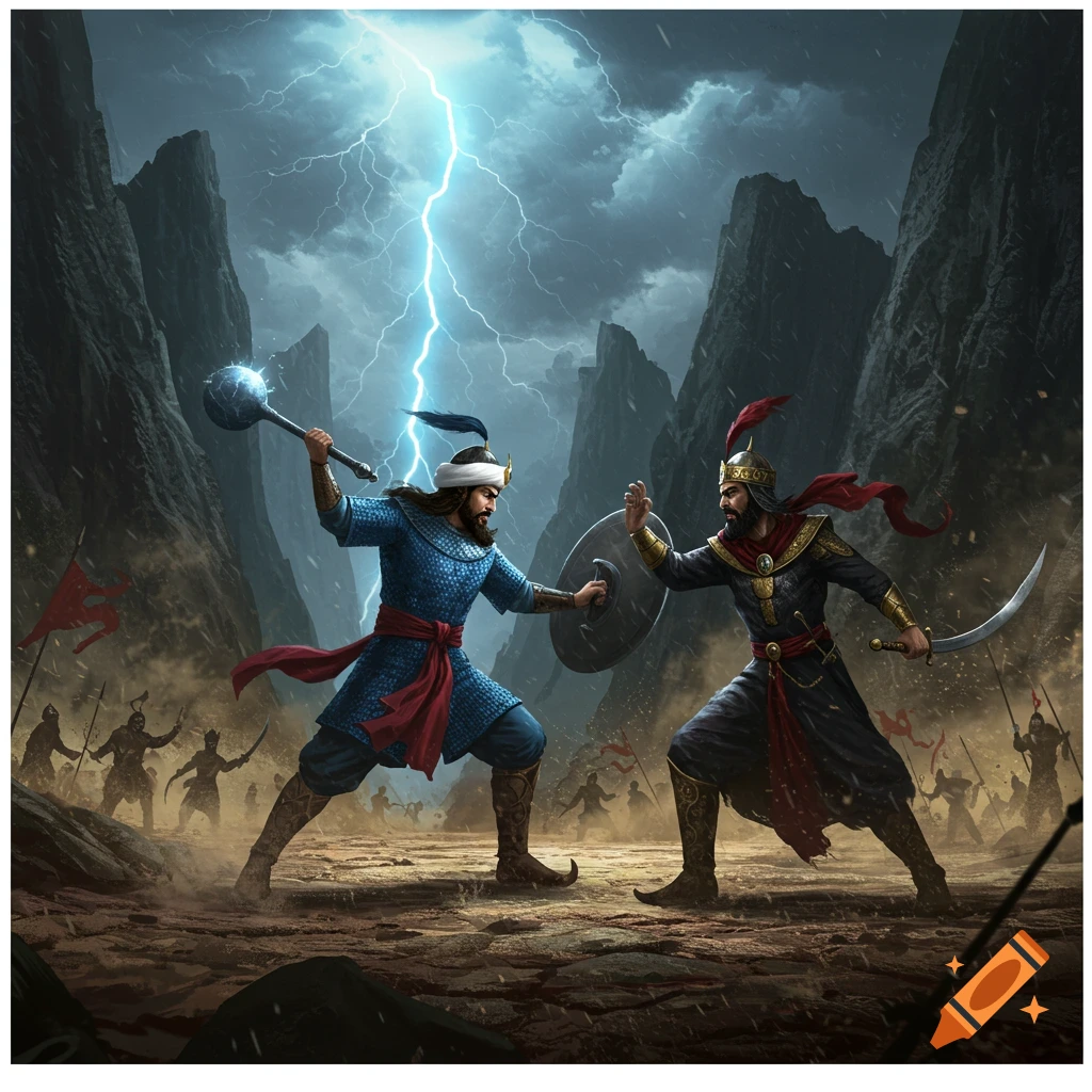 Two detailed ancient warriors duel with a mace, sword, and shield under a dramatic lightning storm in a rocky battlefield.