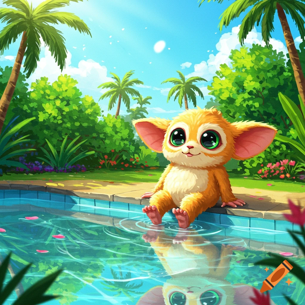 A cute orange cartoon creature with big green eyes sits by a clear blue pool, dipping its feet in the water, under a sunny sky with palm trees.