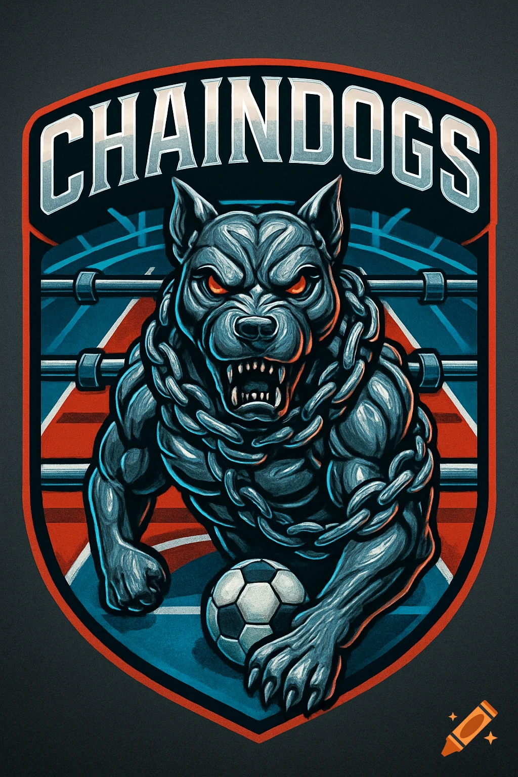 A sports logo with a fierce gray dog in chains, red eyes, pushing a soccer ball. Text 'CHAINDOGS'.