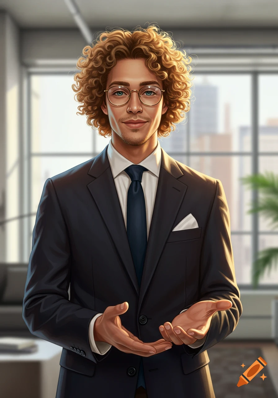A man with curly blonde hair and wire-frame glasses in a suit holds his hands open in an office, digital art style.