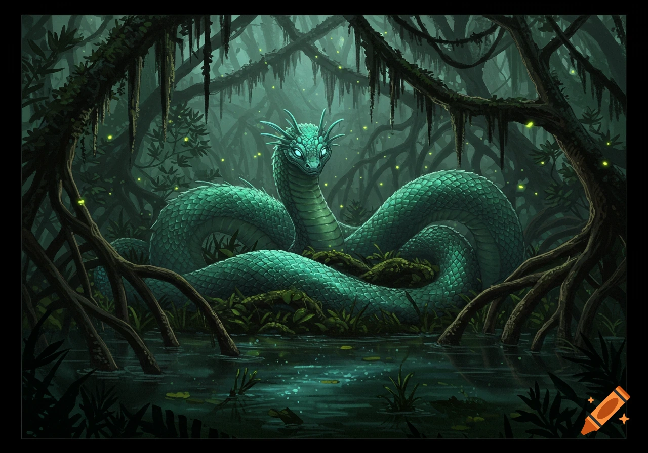 A large green serpent with glowing eyes in a mystical, misty swamp forest with glowing lights, digital painting.