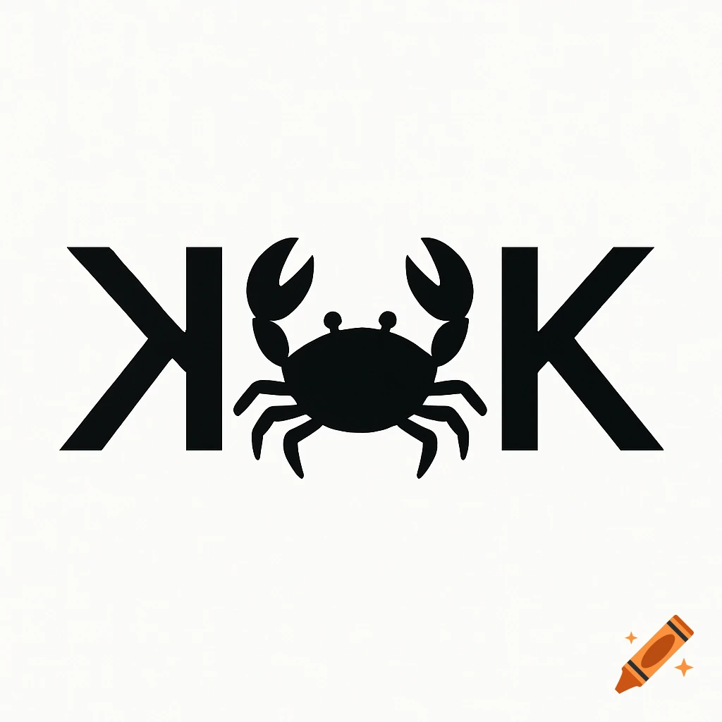 A minimalist black logo featuring a stylized crab between a mirrored 'K' on the left and a normal 'K' on the right, all on a white background.