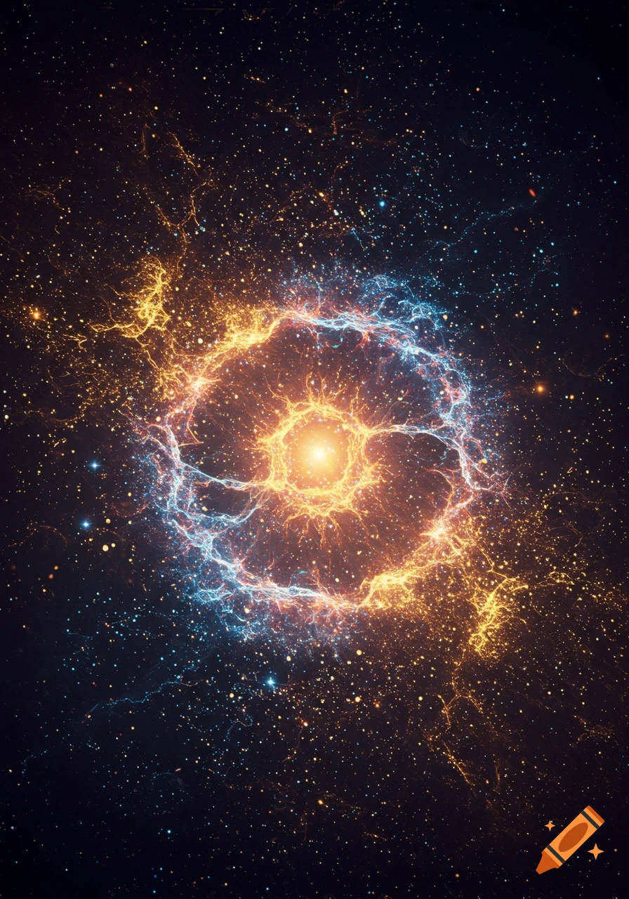 Hyper-realistic painting of a luminous, swirling cosmic nebula with orange and blue energy rings against a starry dark space.