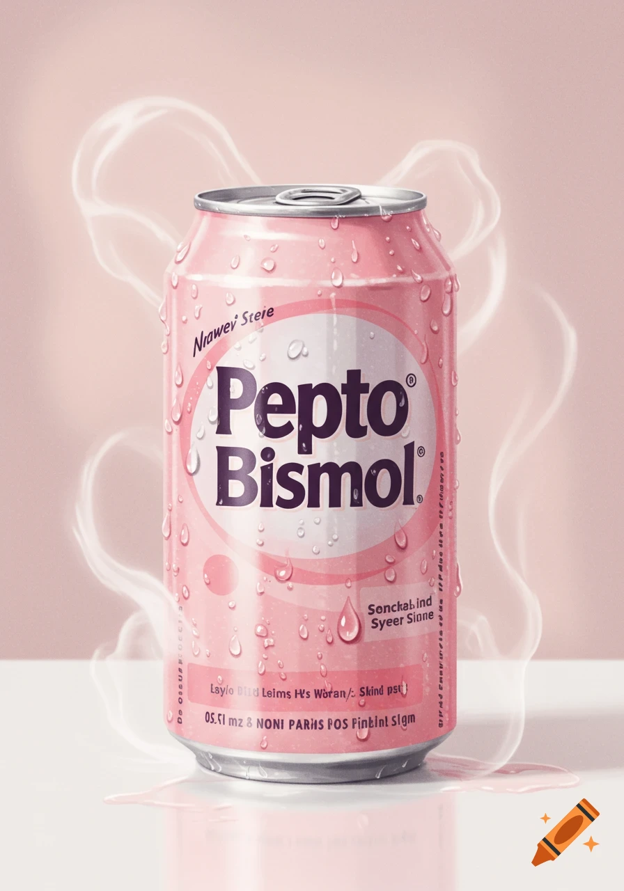 A photorealistic image of a cold, pink soda can labeled "Pepto Bismol" with condensation, surrounded by wisps of steam on a light background.