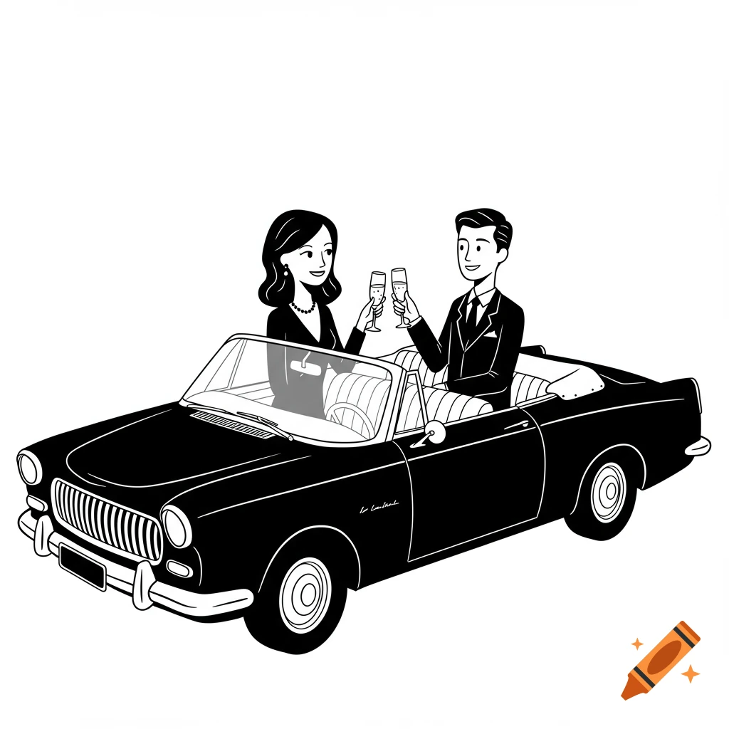 Black and white elegant cartoon of a man and woman in an old convertible car, toasting with champagne glasses.