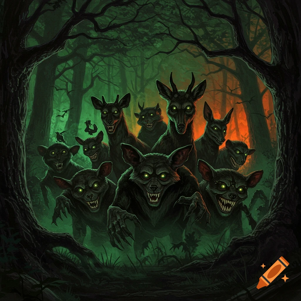 A pack of monstrous, glowing-eyed creatures with sharp teeth emerge from a dark, eerie forest, in a stylized horror art style.