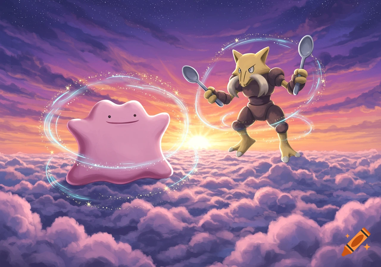 Pink Ditto and brown Alakazam hover over clouds at sunset, with glowing auras, in a digital illustration.
