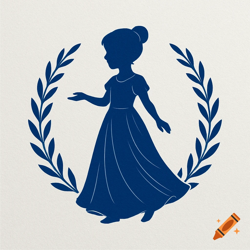 Royal blue silhouette of a girl in a dress, framed by a laurel wreath on a textured off-white background.