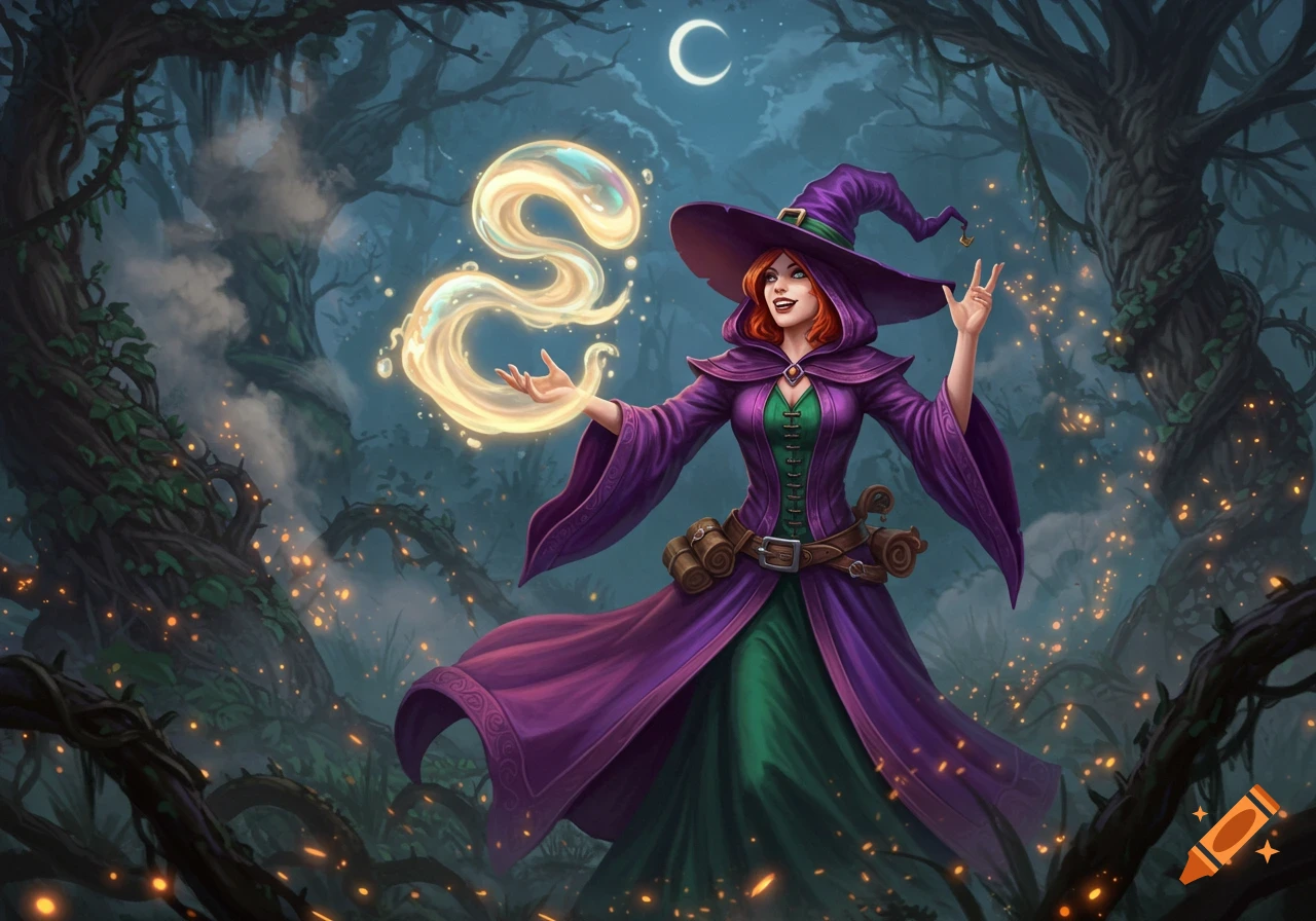 Red-haired witch in purple and green robes conjures a glowing S-shaped spell in a dark, enchanted forest under a crescent moon.