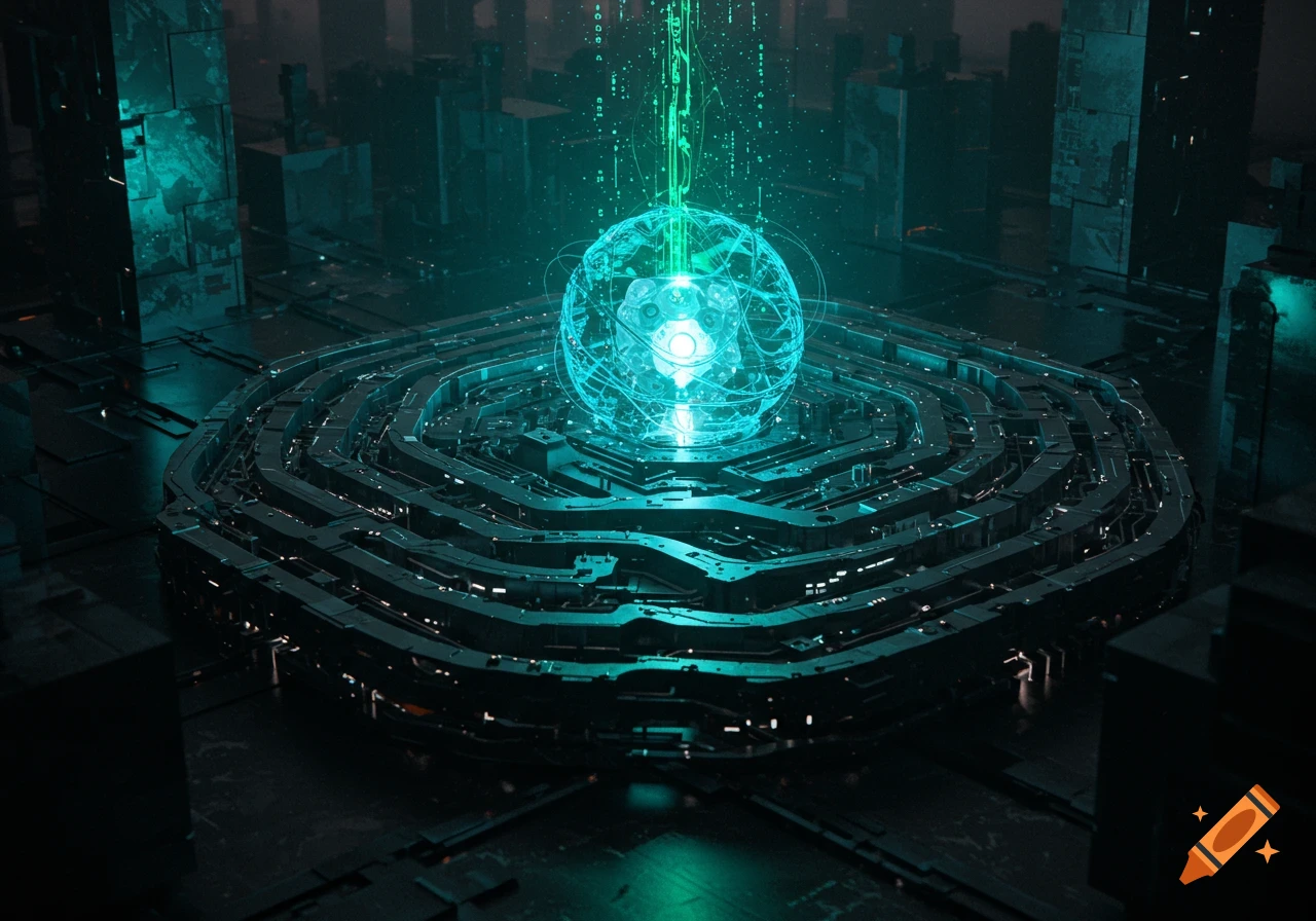 A glowing blue orb at the center of a complex, futuristic platform with data streams in a dark, cyberpunk city.