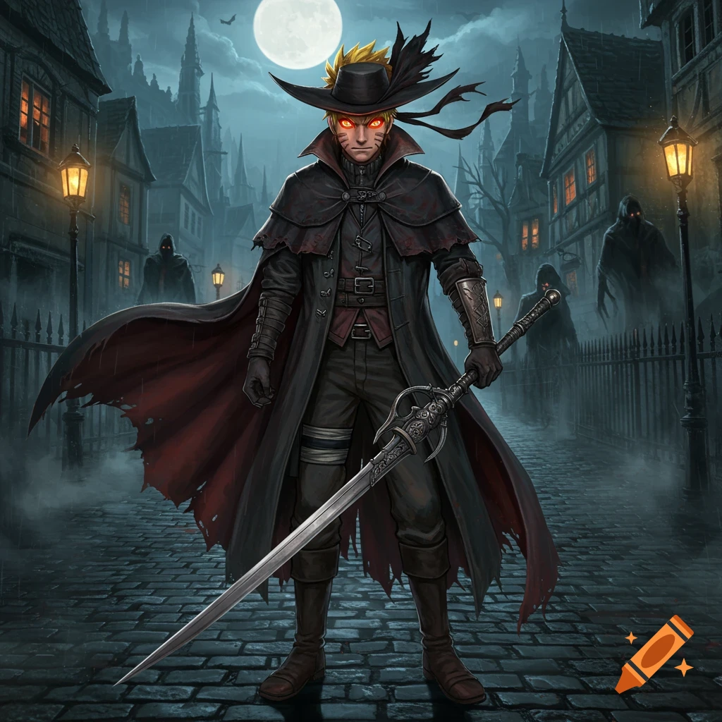 Naruto as a Bloodborne hunter in a dark gothic street, holding a large sword under a full moon with shadowy figures. Anime illustration.
